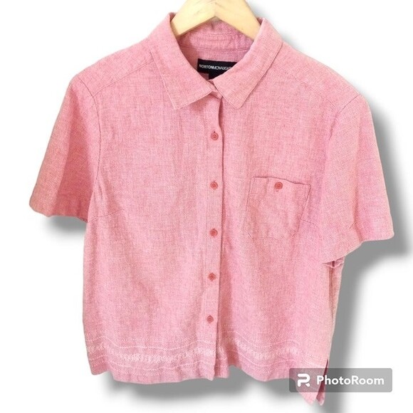 Norton McNaughton Blouse-Size XL-Linen Blend-Embroidered Hem-Salmon-Pocket - Picture 1 of 9